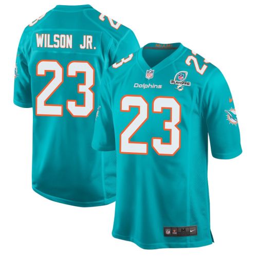 Jeff Wilson Jr.� 23 Miami Dolphins 2023 Playoffs Patch Game Men Jersey - Aqua