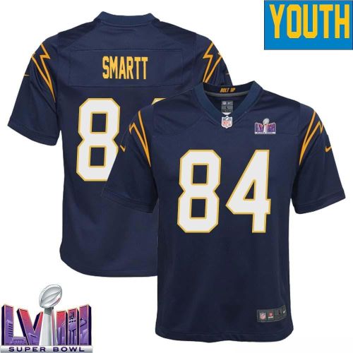 Stone Smartt 84 Los Angeles Chargers Super Bowl LVIII YOUTH Alternate Game Jersey - Navy