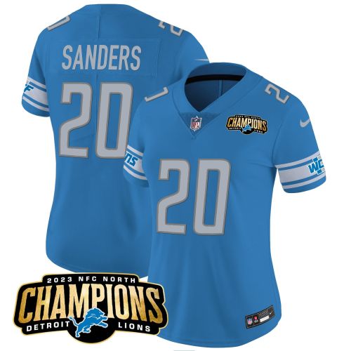 Barry Sanders 20 Detroit Lions 2023 NFC North Champions Patch Women Game Jersey - Blue