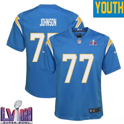 Zion Johnson 77 Los Angeles Chargers Super Bowl LVIII YOUTH Home Game Jersey - Powder Blue