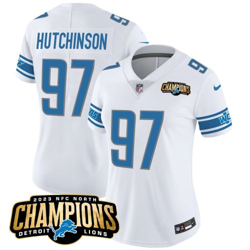 Aidan Hutchinson 97 Detroit Lions 2023 NFC North Champions Patch Women Game Jersey - White