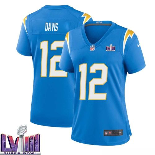 Derius Davis 12 Los Angeles Chargers Super Bowl LVIII Women Home Game Jersey - Powder Blue