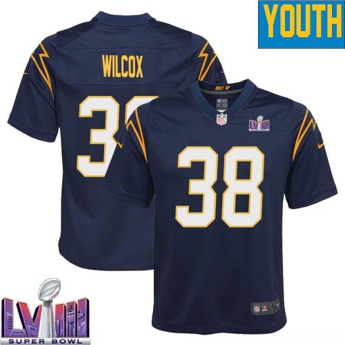 Chris Wilcox 38 Los Angeles Chargers Super Bowl LVIII YOUTH Alternate Game Jersey - Navy