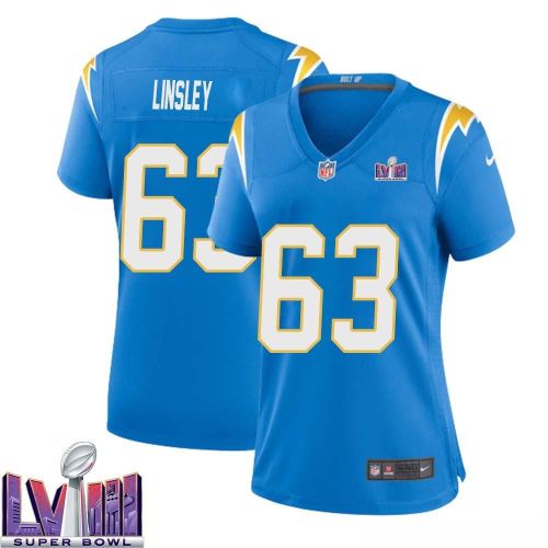 Corey Linsley 63 Los Angeles Chargers Super Bowl LVIII Women Home Game Jersey - Powder Blue