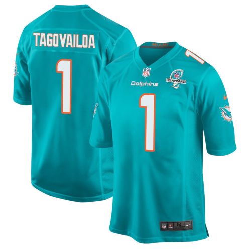 Tua Tagovailoa 1 Miami Dolphins 2023 Playoffs Patch Game Men Jersey - Aqua