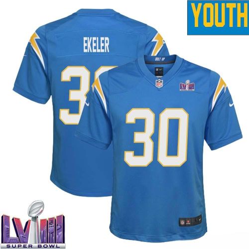 Austin Ekeler 30 Los Angeles Chargers Super Bowl LVIII YOUTH Home Game Jersey - Powder Blue