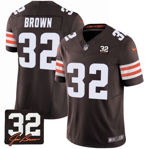 Jim Brown 32 Cleveland Browns Jim Brown Memorial Patch Game Men Jersey - Brown