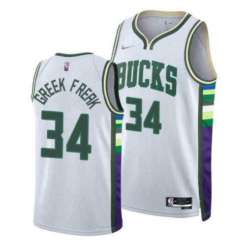 Giannis Antetokounmpo Bucks 2022 Greek Freak White 34 Jersey Nickname Diamond Edition - Men Jersey