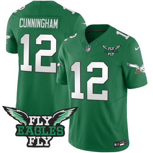 Randall Cunningham 12 Philadelphia Eagles Fly Eagles Fly Patch Alternate Game Men Jersey - Kelly Green