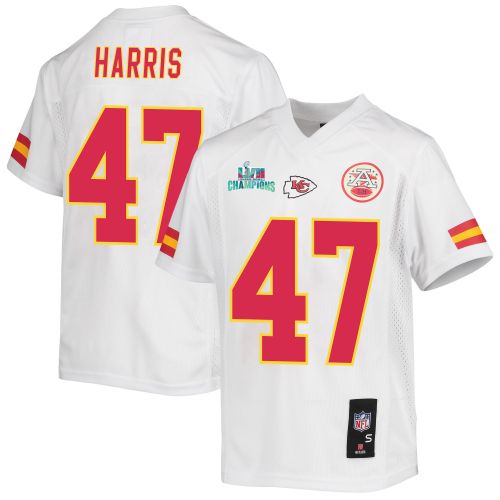 Darius Harris 47 Kansas City Chiefs Super Bowl LVII Champions Youth Game Jersey - White