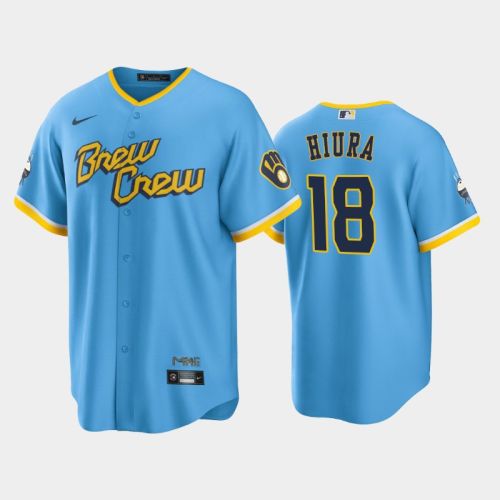 Men's Milwaukee Brewers 18 Keston Hiura 2022-23 City Connect Powder Blue Jersey