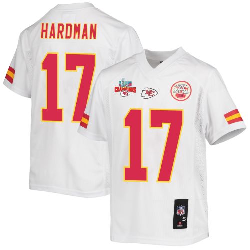 Mecole Hardman 17 Kansas City Chiefs Super Bowl LVII Champions 3 Stars Youth Game Jersey - White