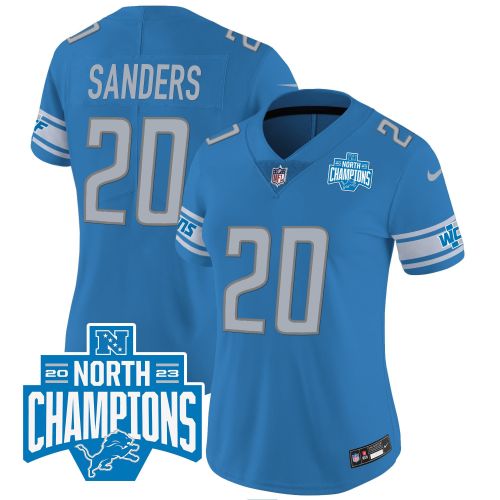 Barry Sanders 20 Detroit Lions 2023 NFC North Division Champions Patch Women Game Jersey - Blue