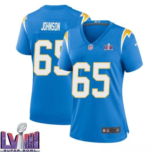 Zion Johnson 65 Los Angeles Chargers Super Bowl LVIII Women Home Game Jersey - Powder Blue