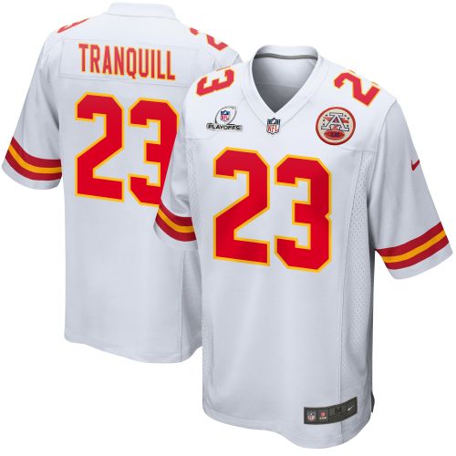 Drue Tranquill 23 Kansas City Chiefs 2023 Playoffs Patch Game Men Jersey - White