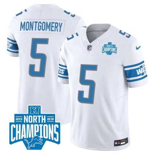 David Montgomery 5 Detroit Lions 2023 NFC North Division Champions Patch Game Men Jersey - White