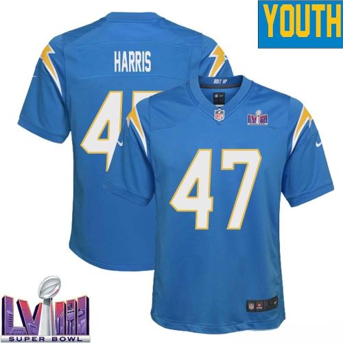 Josh Harris 47 Los Angeles Chargers Super Bowl LVIII YOUTH Home Game Jersey - Powder Blue