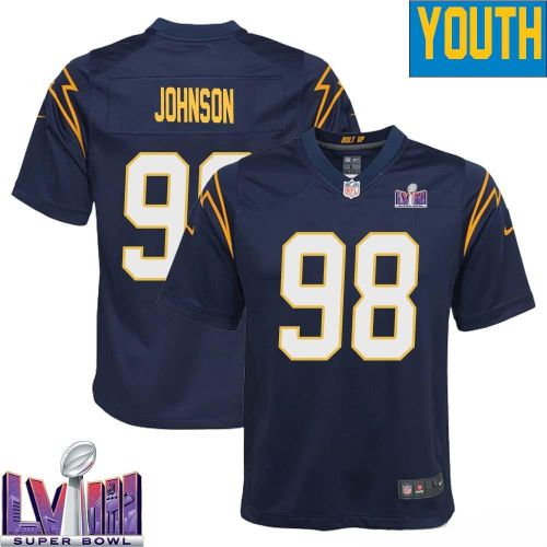 Austin Johnson 98 Los Angeles Chargers Super Bowl LVIII YOUTH Alternate Game Jersey - Navy