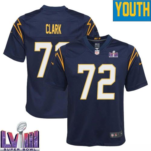 Jerrod Clark 72 Los Angeles Chargers Super Bowl LVIII YOUTH Alternate Game Jersey - Navy