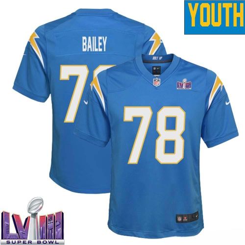 Zack Bailey 78 Los Angeles Chargers Super Bowl LVIII YOUTH Home Game Jersey - Powder Blue