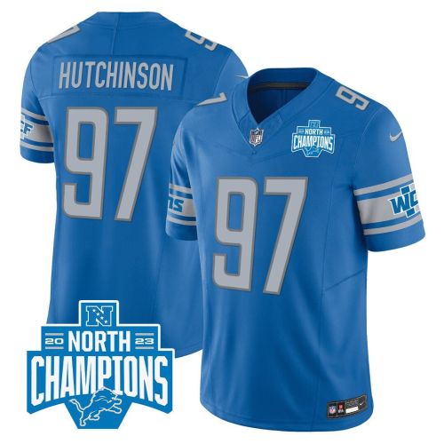 Aidan Hutchinson 97 Detroit Lions 2023 NFC North Division Champions Patch Game Men Jersey - Blue