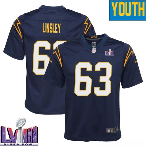 Corey Linsley 63 Los Angeles Chargers Super Bowl LVIII YOUTH Alternate Game Jersey - Navy