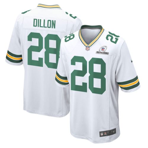 AJ Dillon 28 Green Bay Packers 2024 Divisional Patch Game Men Jersey - White