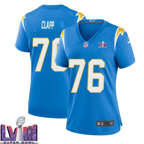 Will Clapp 76 Los Angeles Chargers Super Bowl LVIII Women Home Game Jersey - Powder Blue