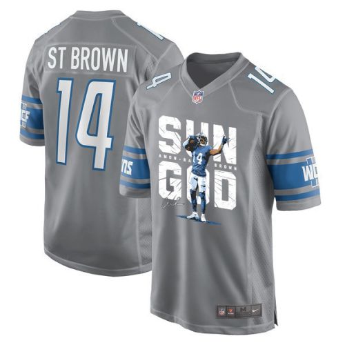 Amon-Ra St. Brown 14 Detroit Lions Signed Scratch Sun God Game Men Jersey - Silver