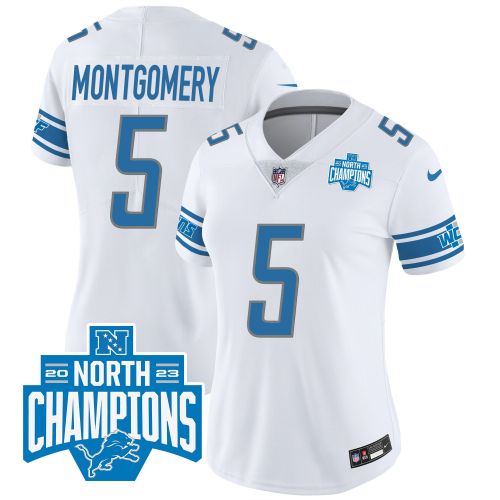 David Montgomery 5 Detroit Lions 2023 NFC North Division Champions Patch Women Game Jersey - White