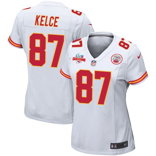 Travis Kelce 87 Kansas City Chiefs Super Bowl LVII Champions 3 Stars Women Game Jersey - White