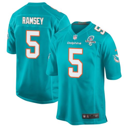 Jalen Ramsey 5 Miami Dolphins 2023 Playoffs Patch Game Men Jersey - Aqua