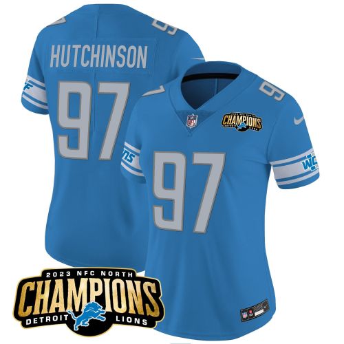 Aidan Hutchinson 97 Detroit Lions 2023 NFC North Champions Patch Women Game Jersey - Blue