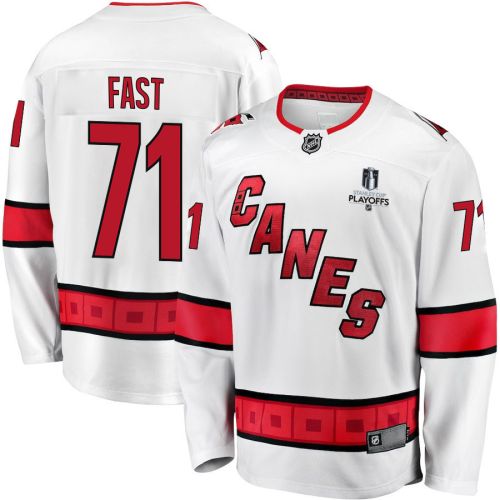 Jesper Fast 71 Carolina Hurricanes Stanley Cup 2023 Playoffs Patch Away Breakaway Men Jersey - White