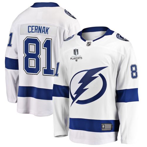 Erik Cernak 81 Tampa Bay Lightning Stanley Cup 2023 Playoffs Patch Away Breakaway Men Jersey - White