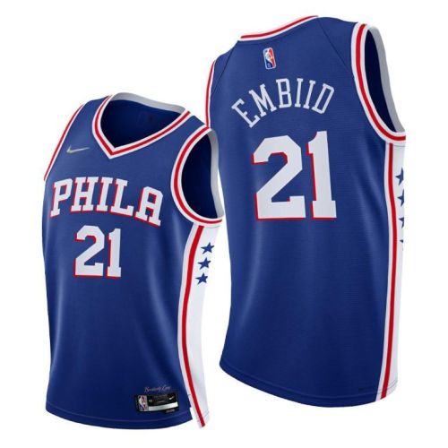 76ers 21 Joel Embiid 2021-22 75th Diamond Anniversary Royal Jersey Icon Edition - Men Jersey