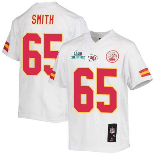 Trey Smith 65 Kansas City Chiefs Super Bowl LVII Champions Youth Game Jersey - White