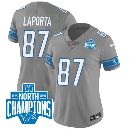 Sam LaPorta 87 Detroit Lions 2023 NFC North Division Champions Patch Women Game Jersey - Gray