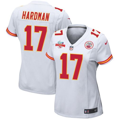 Mecole Hardman 17 Kansas City Chiefs Super Bowl LVII Champions 3 Stars Women Game Jersey - White