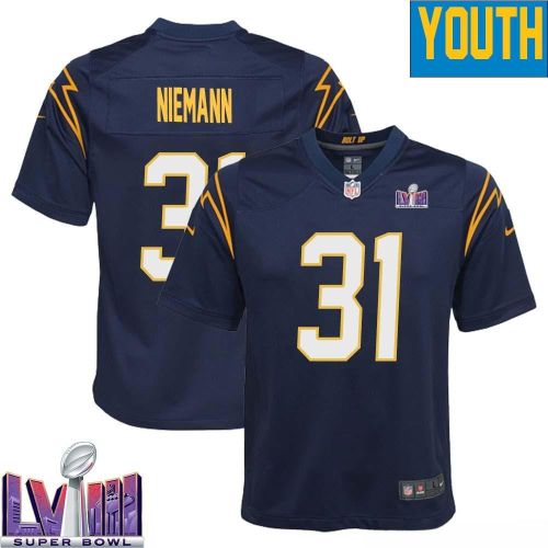 Nick Niemann 31 Los Angeles Chargers Super Bowl LVIII YOUTH Alternate Game Jersey - Navy