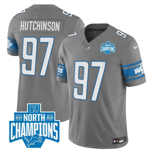 Aidan Hutchinson 97 Detroit Lions 2023 NFC North Division Champions Patch Game Men Jersey - Gray