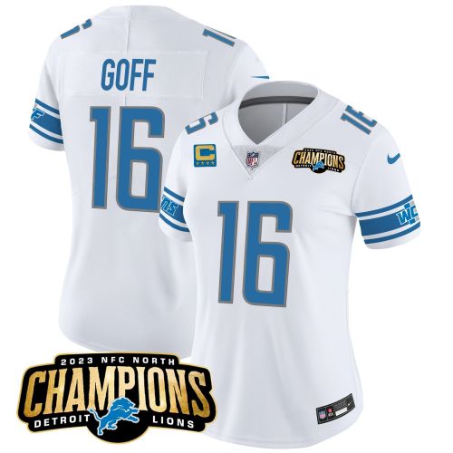 Jared Goff 16 Detroit Lions 2023 NFC North Champions Patch Women Game Jersey - White