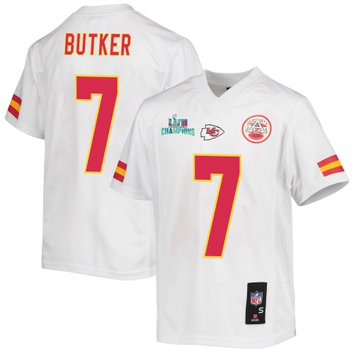 Harrison Butker 7 Kansas City Chiefs Super Bowl LVII Champions Youth Game Jersey - White