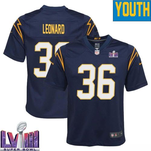 Deane Leonard 36 Los Angeles Chargers Super Bowl LVIII YOUTH Alternate Game Jersey - Navy