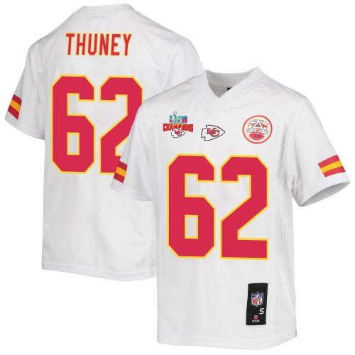 Joe Thuney 62 Kansas City Chiefs Super Bowl LVII Champions 3 Stars Youth Game Jersey - White