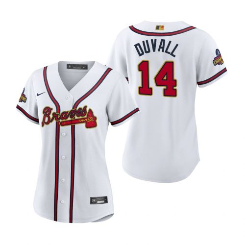 Women's Adam Duvall 14 Atlanta Braves White 2022-23 Gold Program Jersey