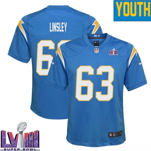 Corey Linsley 63 Los Angeles Chargers Super Bowl LVIII YOUTH Home Game Jersey - Powder Blue