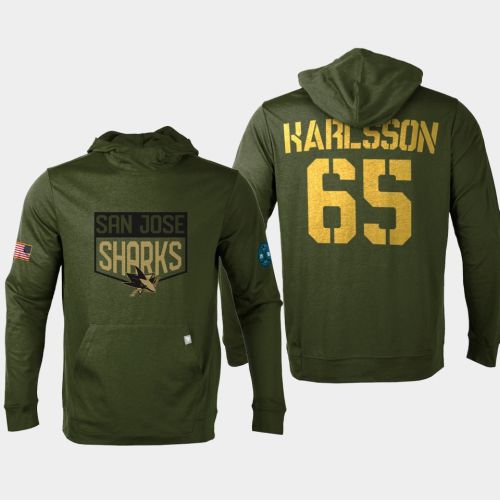 San Jose Sharks 65 Erik Karlsson Military Olive Equipment 2022 Pullover Hoodie Olive