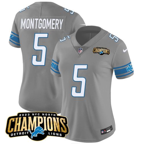 David Montgomery 5 Detroit Lions 2023 NFC North Champions Patch Women Game Jersey - Gray