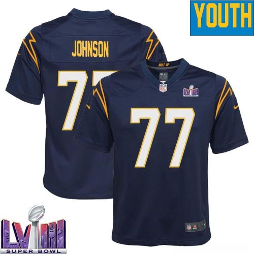 Zion Johnson 77 Los Angeles Chargers Super Bowl LVIII YOUTH Alternate Game Jersey - Navy